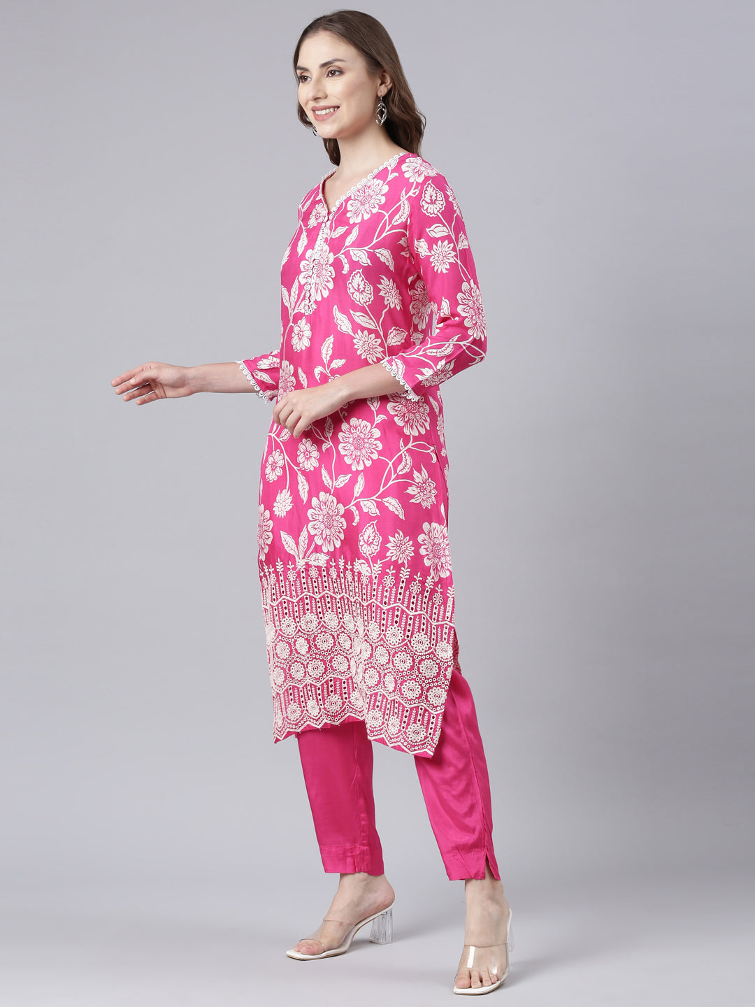 Neerus Pink Panelled Straight Printed Kurta And Trousers With Dupatta