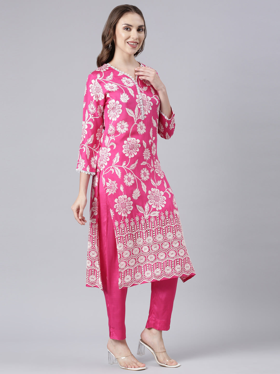 Neerus Pink Panelled Straight Printed Kurta And Trousers With Dupatta