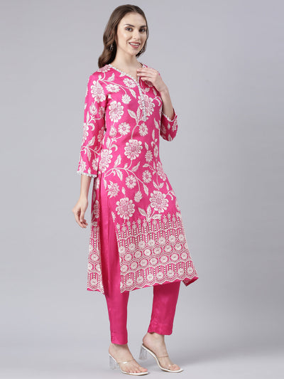 Neerus Pink Panelled Straight Printed Kurta And Trousers With Dupatta