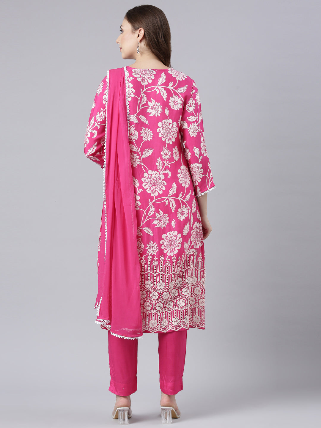 Neerus Pink Panelled Straight Printed Kurta And Trousers With Dupatta