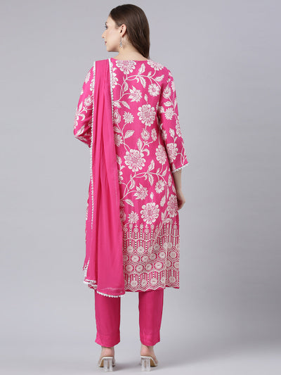 Neerus Pink Panelled Straight Printed Kurta And Trousers With Dupatta