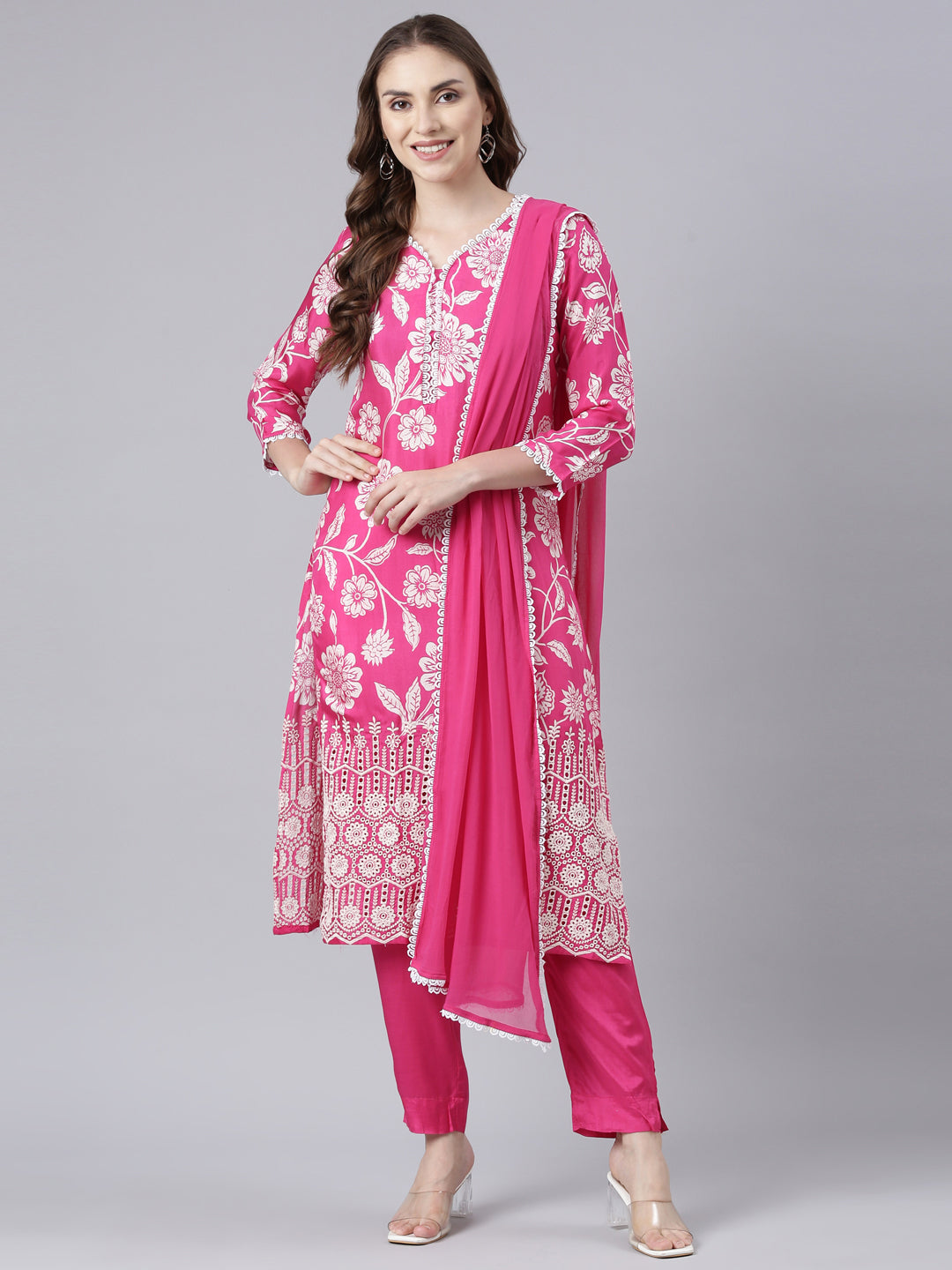 Neerus Pink Panelled Straight Printed Kurta And Trousers With Dupatta