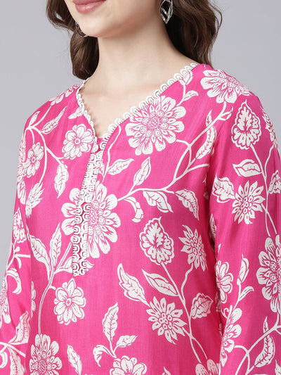 Neerus Pink Panelled Straight Printed Kurta And Trousers With Dupatta