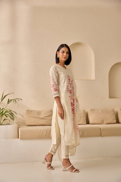 Neerus Pink Straight Embellished Kurta And Trousers With Dupatta.