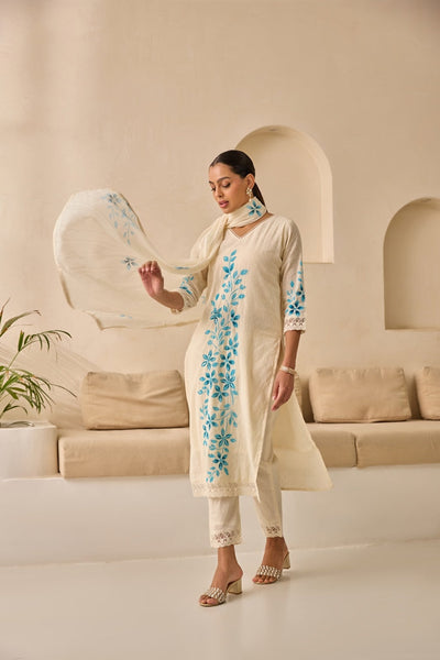 Neerus Sky Blue Straight Embellished Kurta And Trousers With Dupatta.