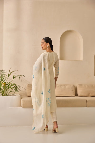 Neerus Sky Blue Straight Embellished Kurta And Trousers With Dupatta.