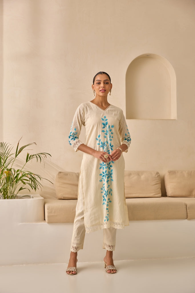 Neerus Sky Blue Straight Embellished Kurta And Trousers With Dupatta.