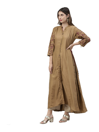 Neerus Women Brown Golden Ethnic Motifs Thread Work Kurta