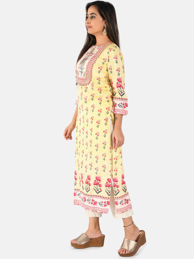 Neerus Women Yellow  Pink Floral Printed Straight Kurta