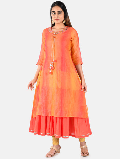 Neerus Women Orange Colour blocked A-Line Layered Kurta