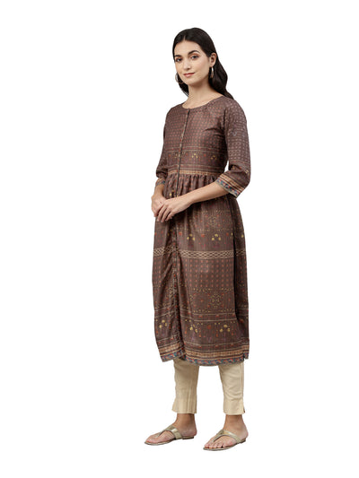 Neerus Women Brown Ethnic Motifs Printed Anarkali Kurta