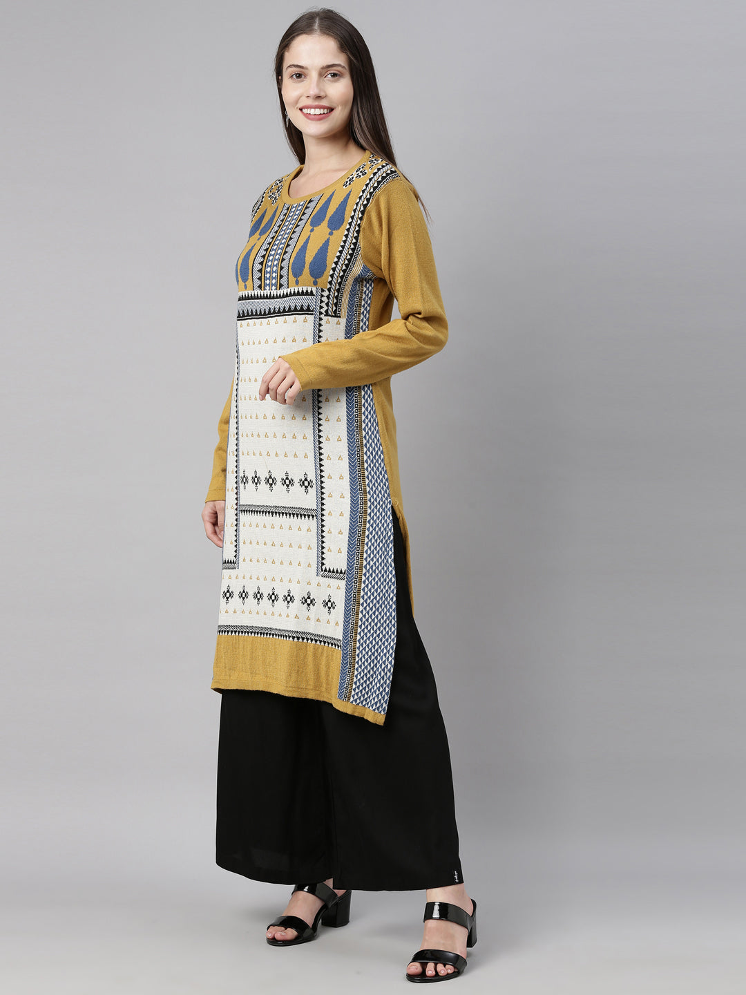 Neerus Women Mustard Yellow  Off White Geometric Printed Acrylic Knitted Kurta