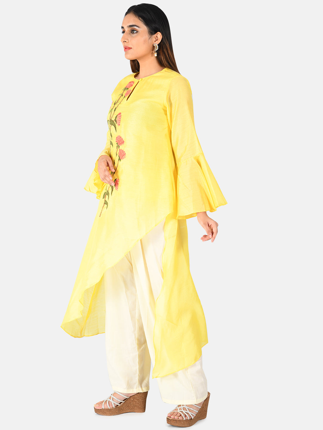 Neerus Women Yellow  White Embroidered Kurta with Palazzos