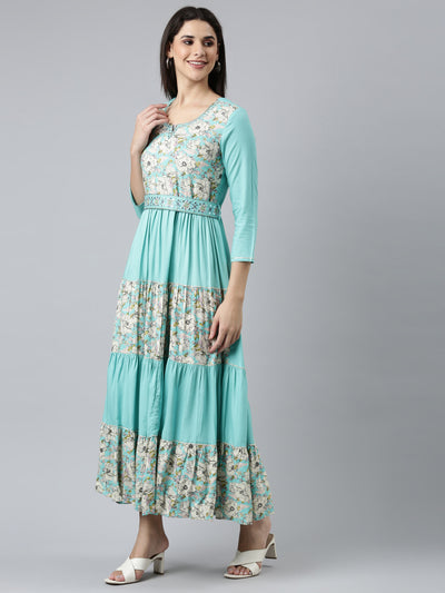 Neeru's Sea Green Straight Casual Embroidered Dress