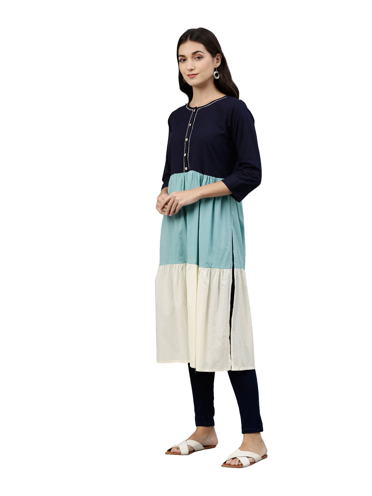 Neerus Women Navy Blue  Off White Tiered Colour blocked Kurta