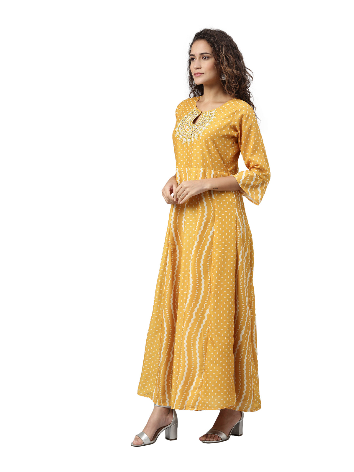 Neerus Women Mustard Striped Anarkali Kurta