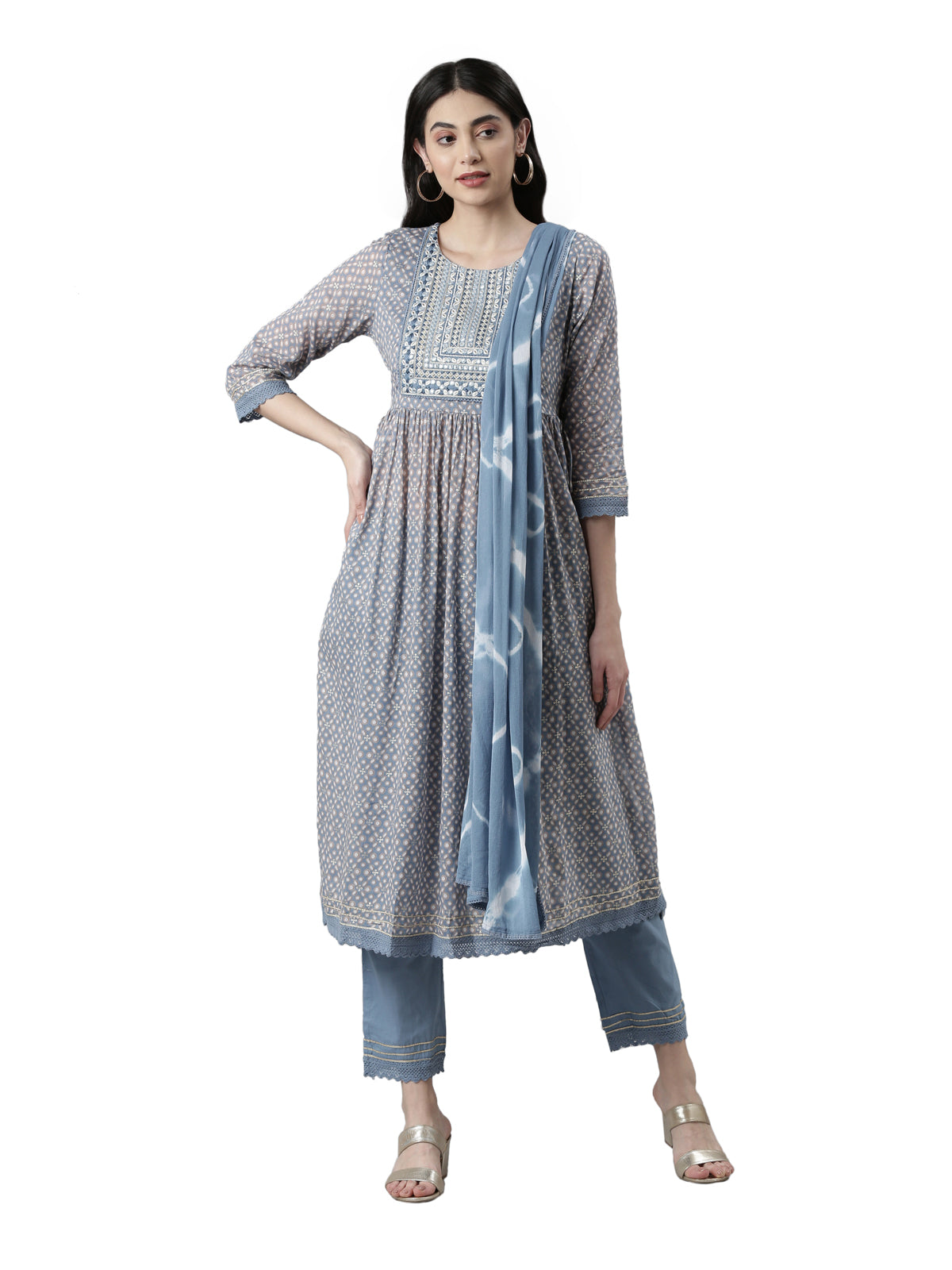 Neerus Women Ethnic Motifs Printed Pleated Mirror Work Kurta with Trousers Dupatta