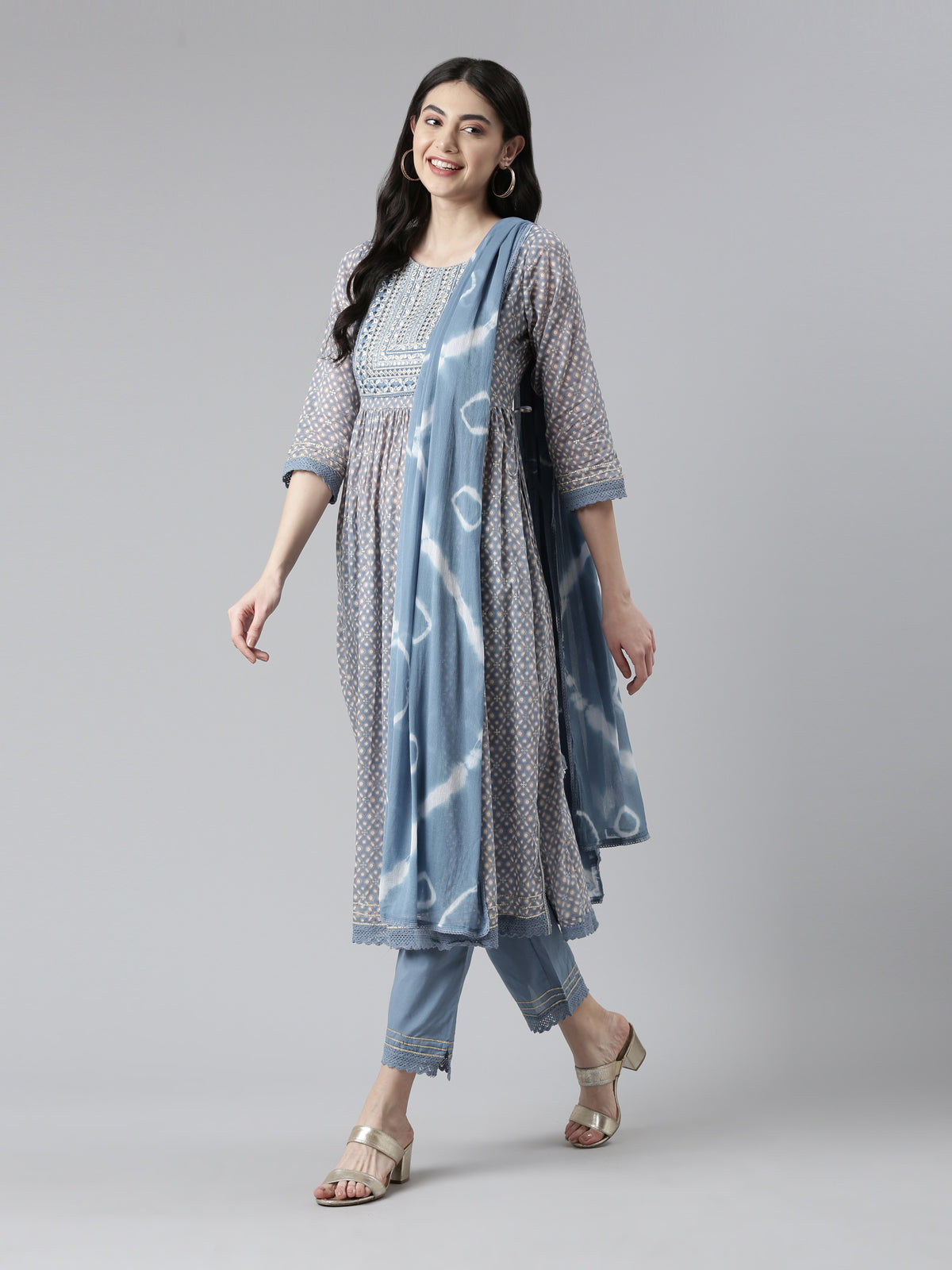 Neerus Women Ethnic Motifs Printed Pleated Mirror Work Kurta with Trousers Dupatta