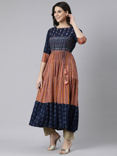 Neerus Navy Blue Flared Casual Chevron Maxi Dresses