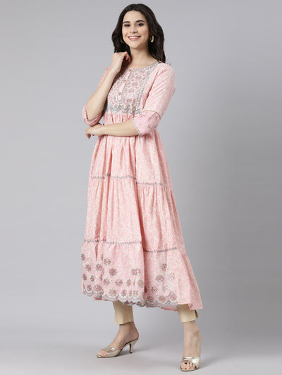 Neerus Pink Flared Casual Floral Maxi Dresses