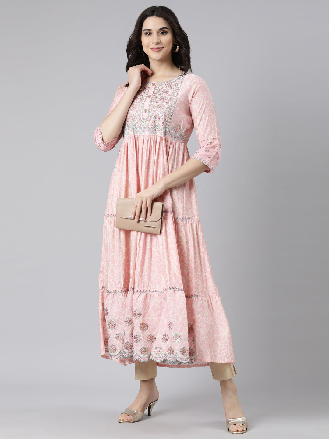 Neerus Pink Flared Casual Floral Maxi Dresses