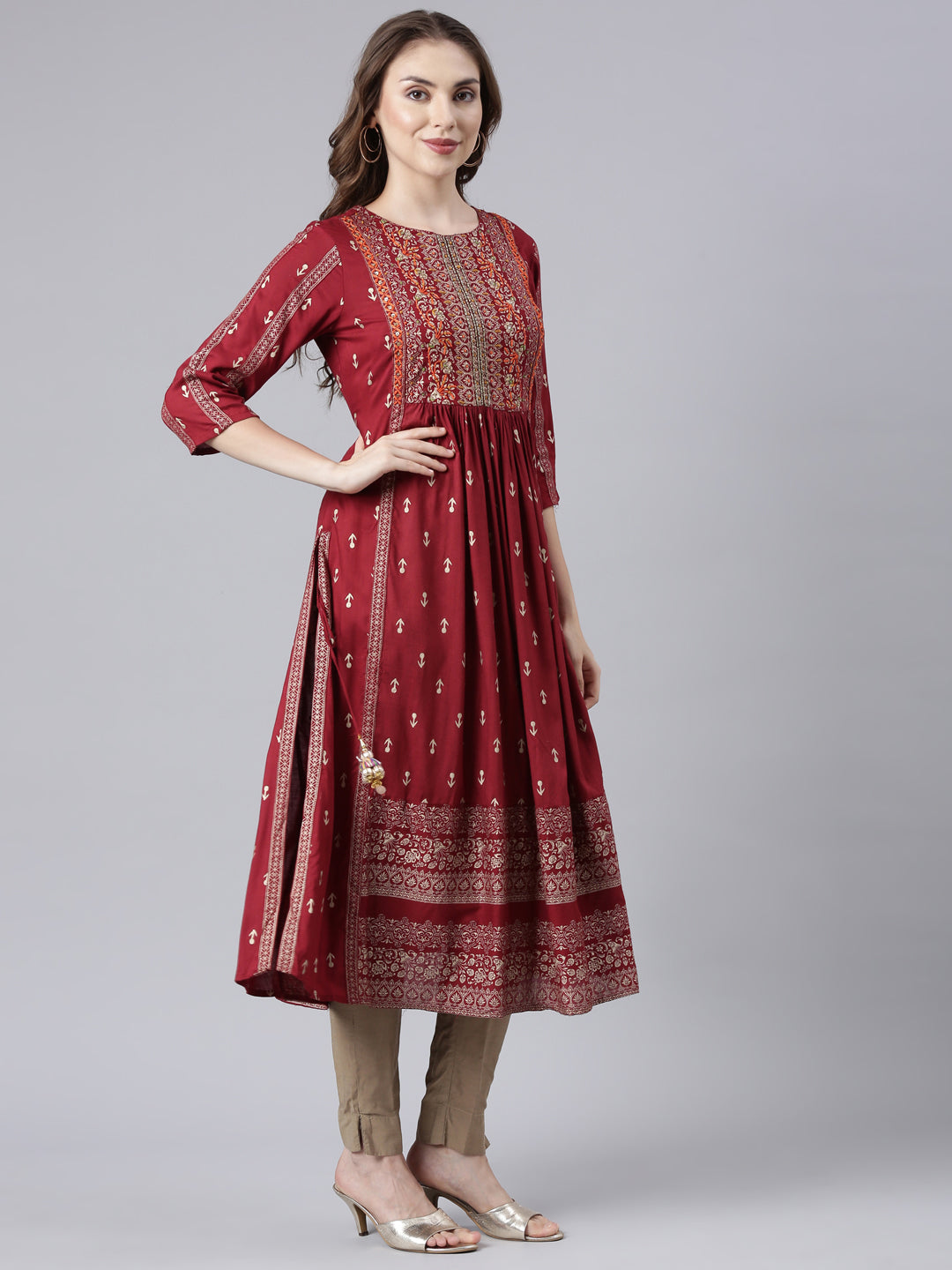 Neerus Maroon Pleated Straight Floral Kurtas