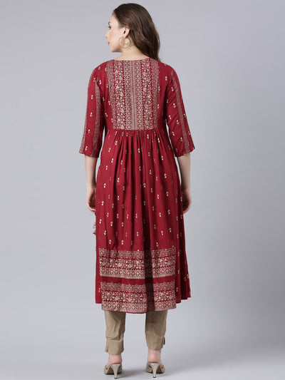 Neerus Maroon Pleated Straight Floral Kurtas