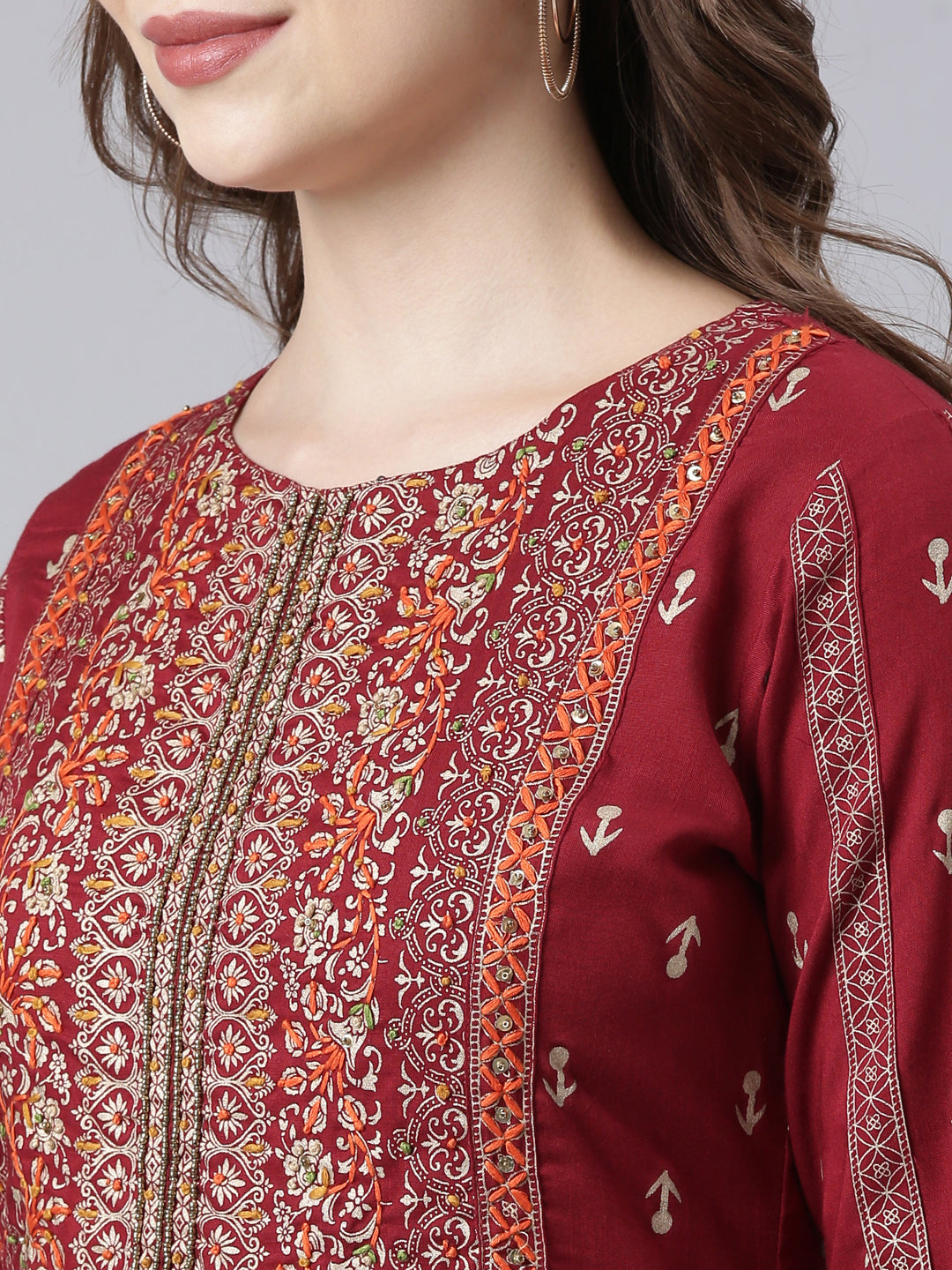 Neerus Maroon Pleated Straight Floral Kurtas