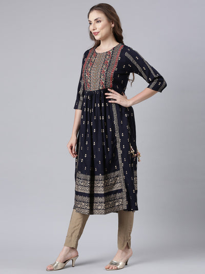 Neerus Navy Blue Pleated Straight Floral Kurtas