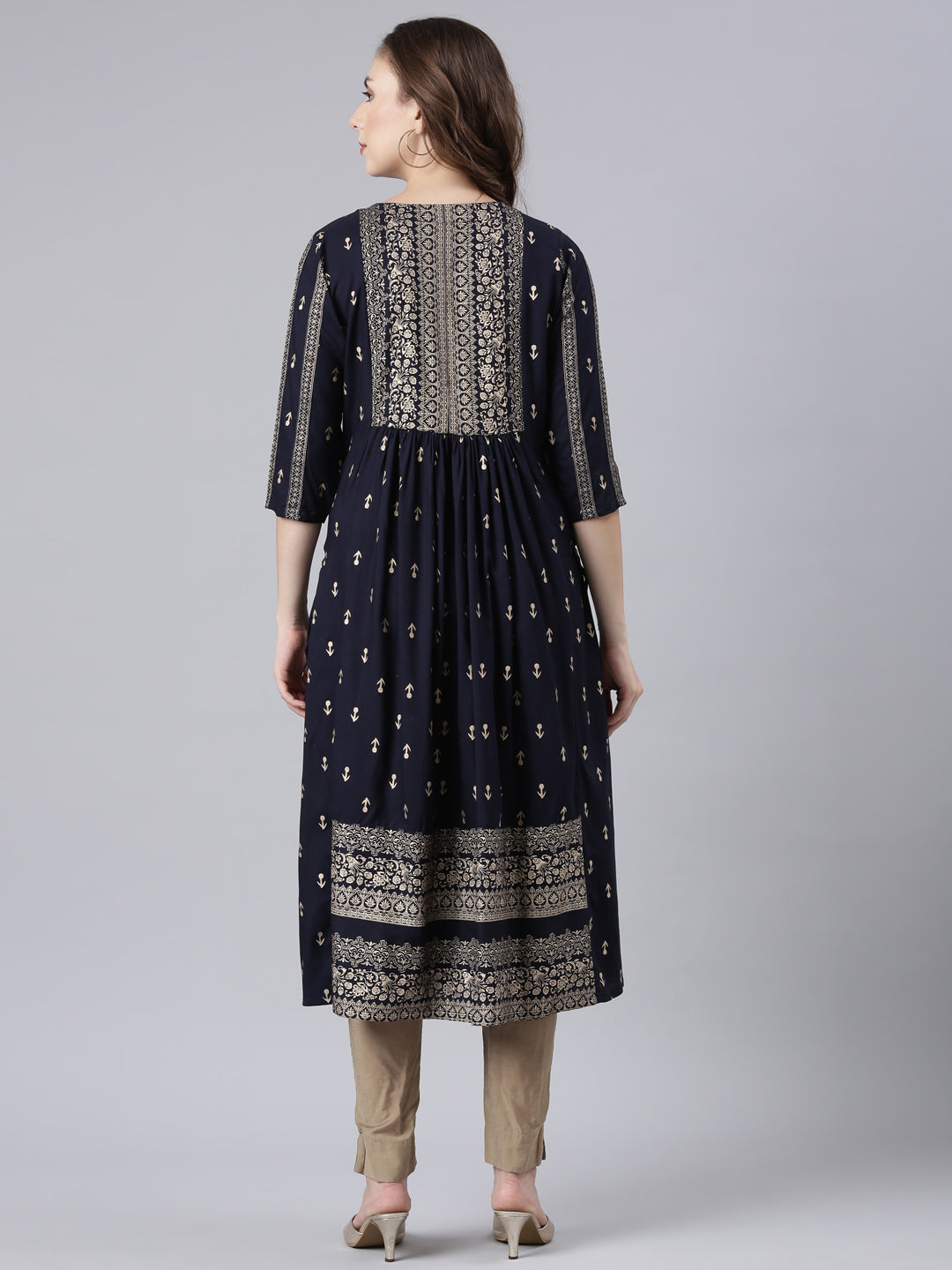 Neerus Navy Blue Pleated Straight Floral Kurtas