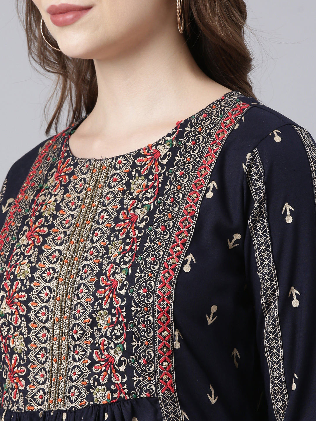 Neerus Navy Blue Pleated Straight Floral Kurtas