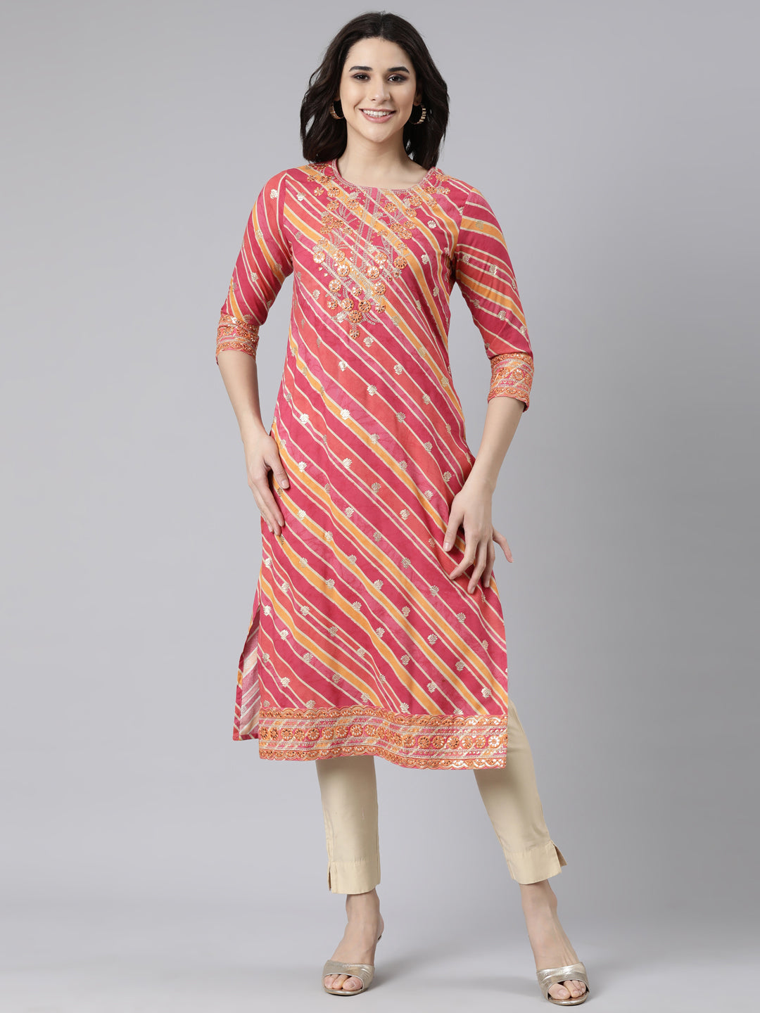 Neerus Pink Panelled Straight Striped Kurtas