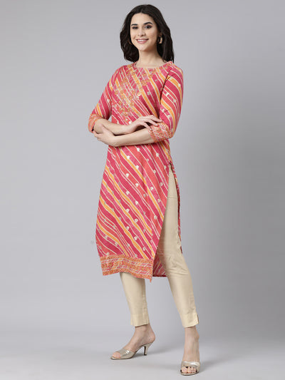 Neerus Pink Panelled Straight Striped Kurtas