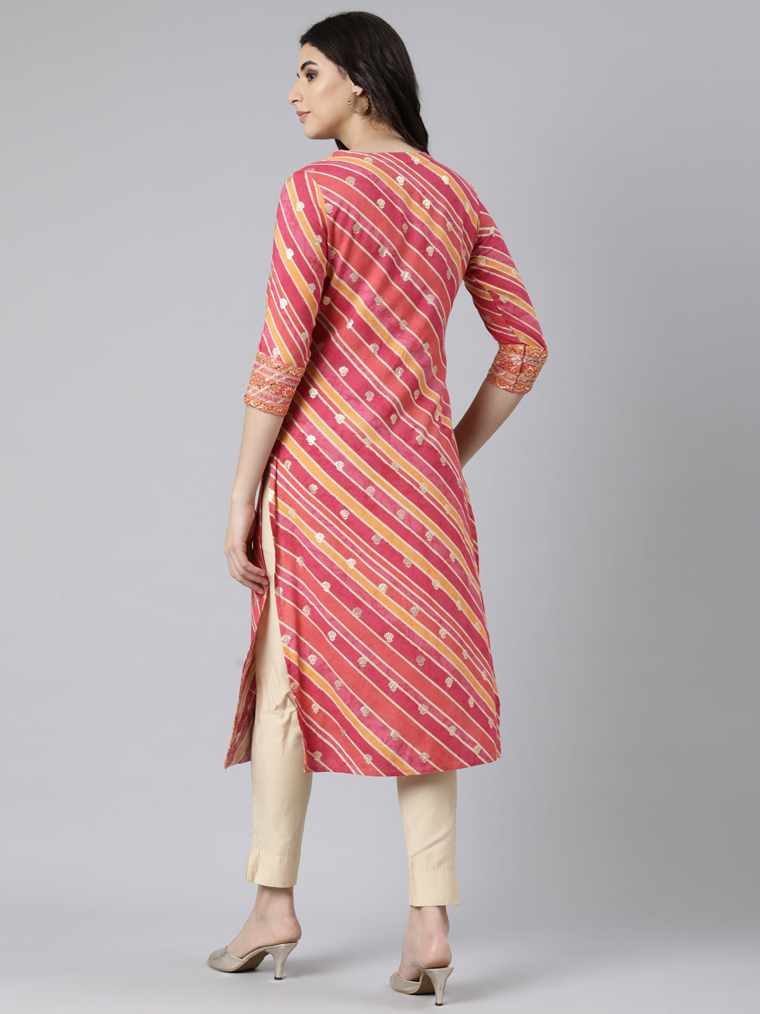 Neerus Pink Panelled Straight Striped Kurtas