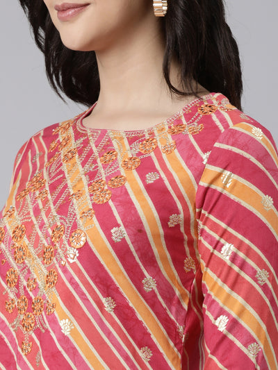 Neerus Pink Panelled Straight Striped Kurtas