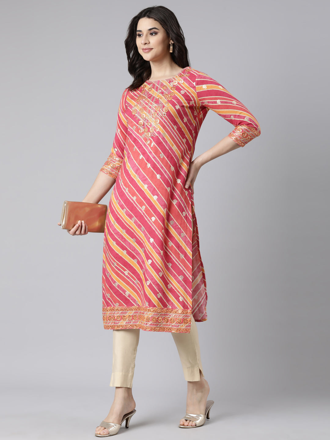 Neerus Pink Panelled Straight Striped Kurtas