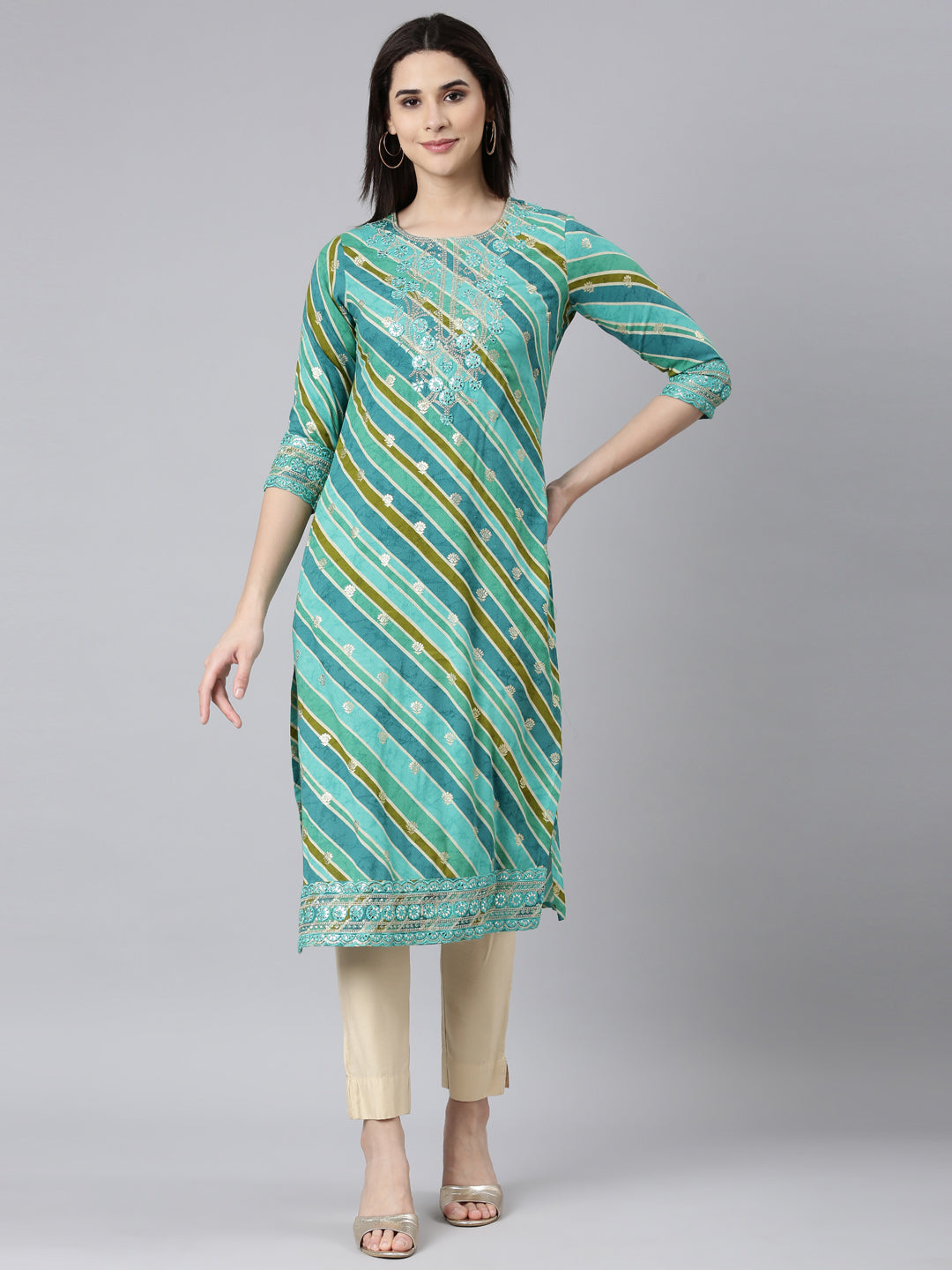 Neerus Green Regular Straight Striped Kurtas