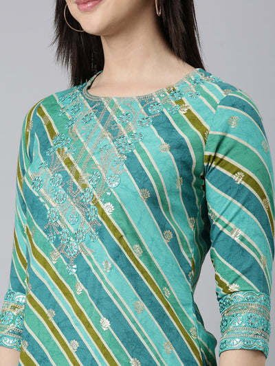 Neerus Green Regular Straight Striped Kurtas