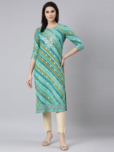 Neerus Green Regular Straight Striped Kurtas