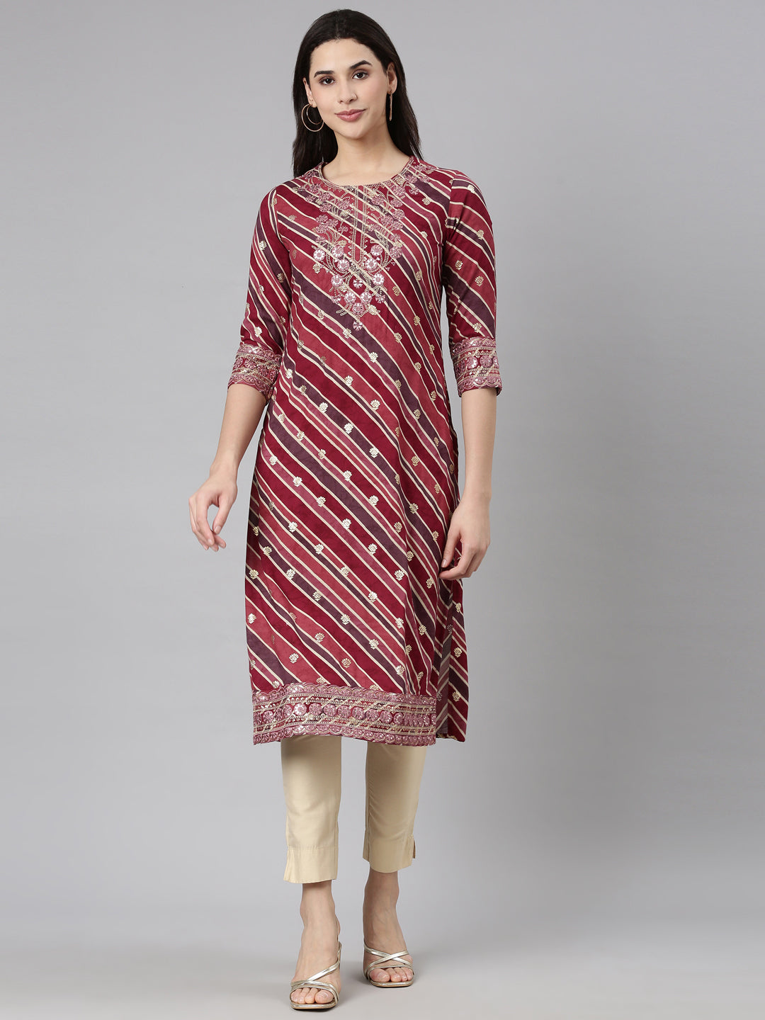 Neerus Purple Regular Straight Striped Kurtas