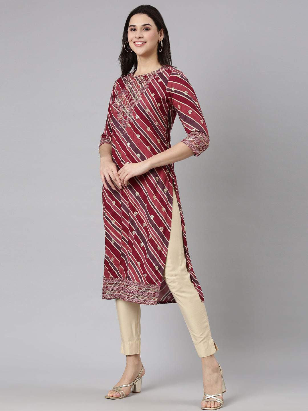 Neerus Purple Regular Straight Striped Kurtas