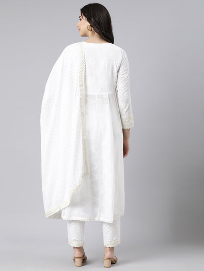 Neerus Off White Regular Straight Floral Kurta And  Trousers With Dupatta