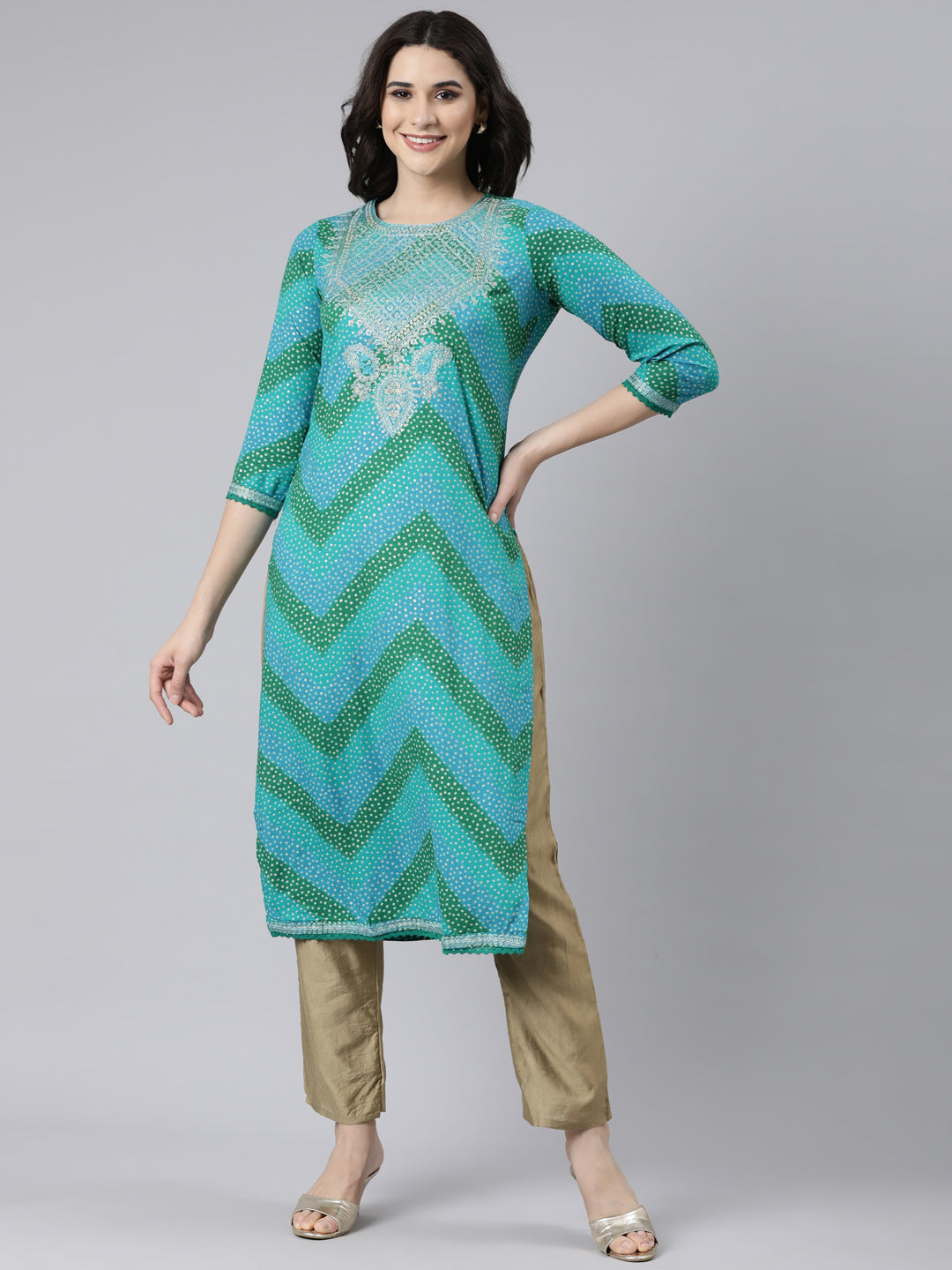 Neerus Turquoise Blue Panelled Straight Chevron Kurtas