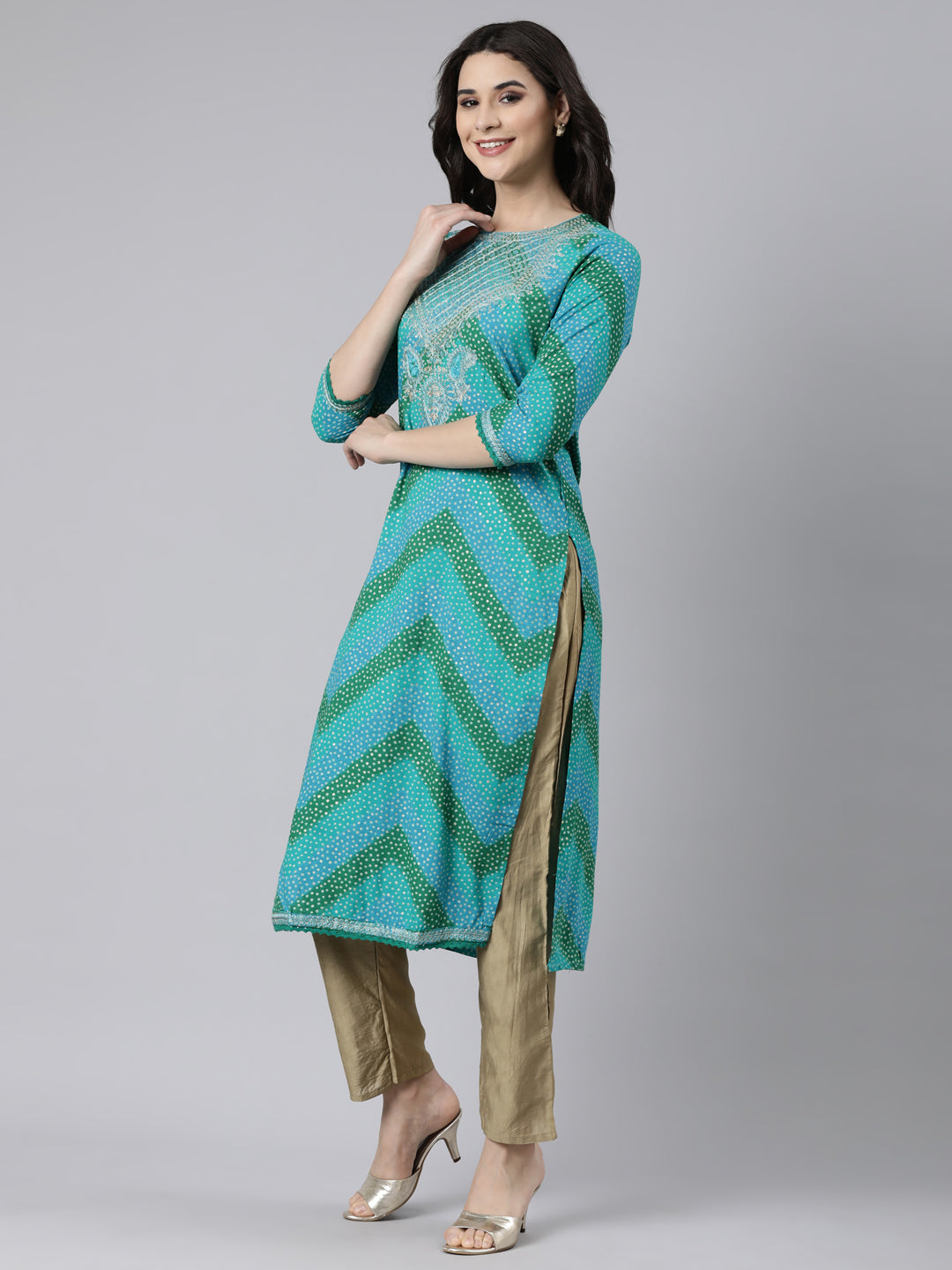 Neerus Turquoise Blue Panelled Straight Chevron Kurtas