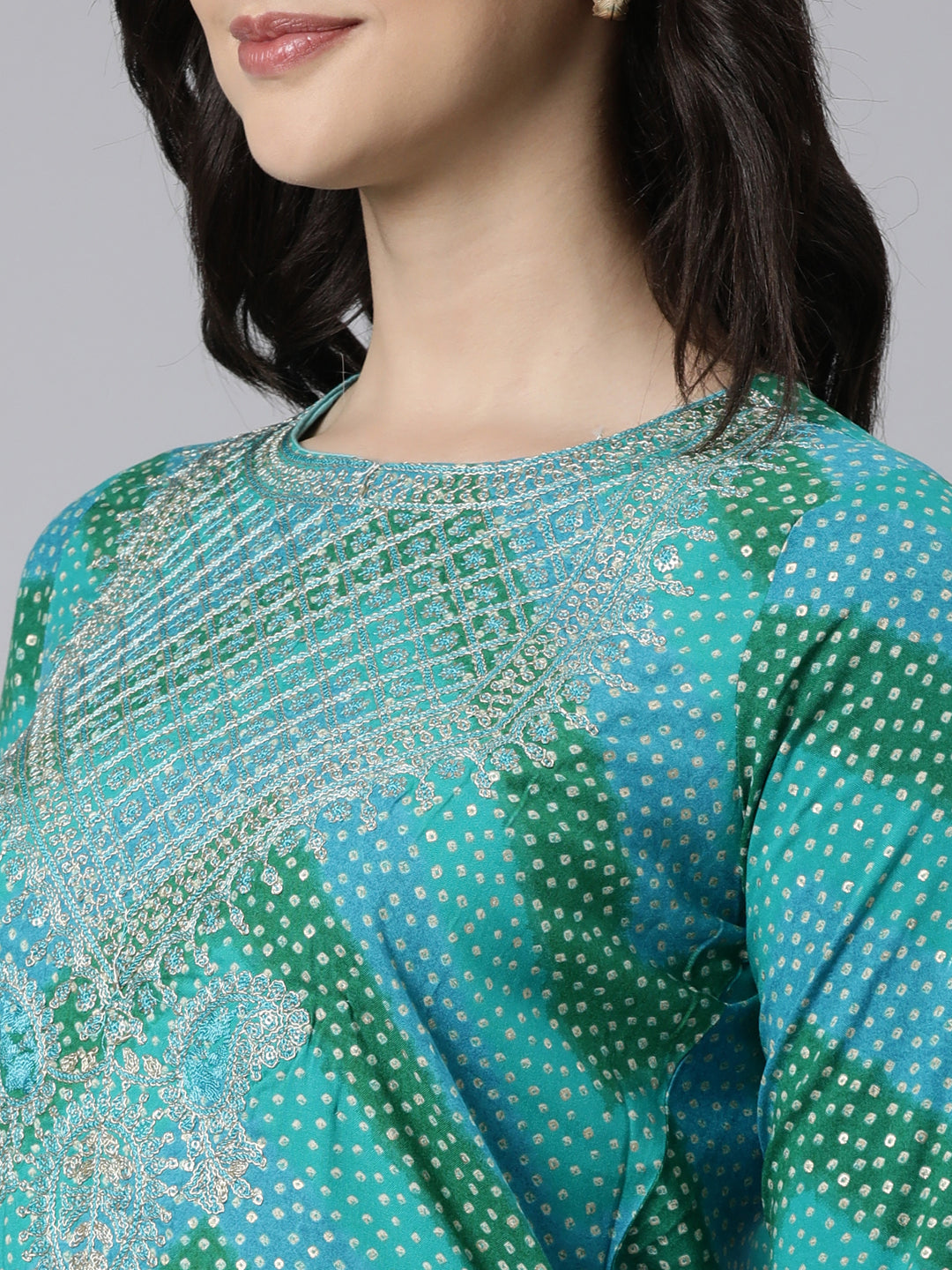 Neerus Turquoise Blue Panelled Straight Chevron Kurtas