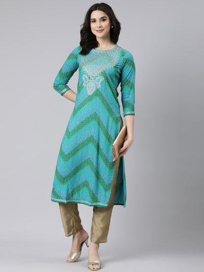 Neerus Turquoise Blue Panelled Straight Chevron Kurtas