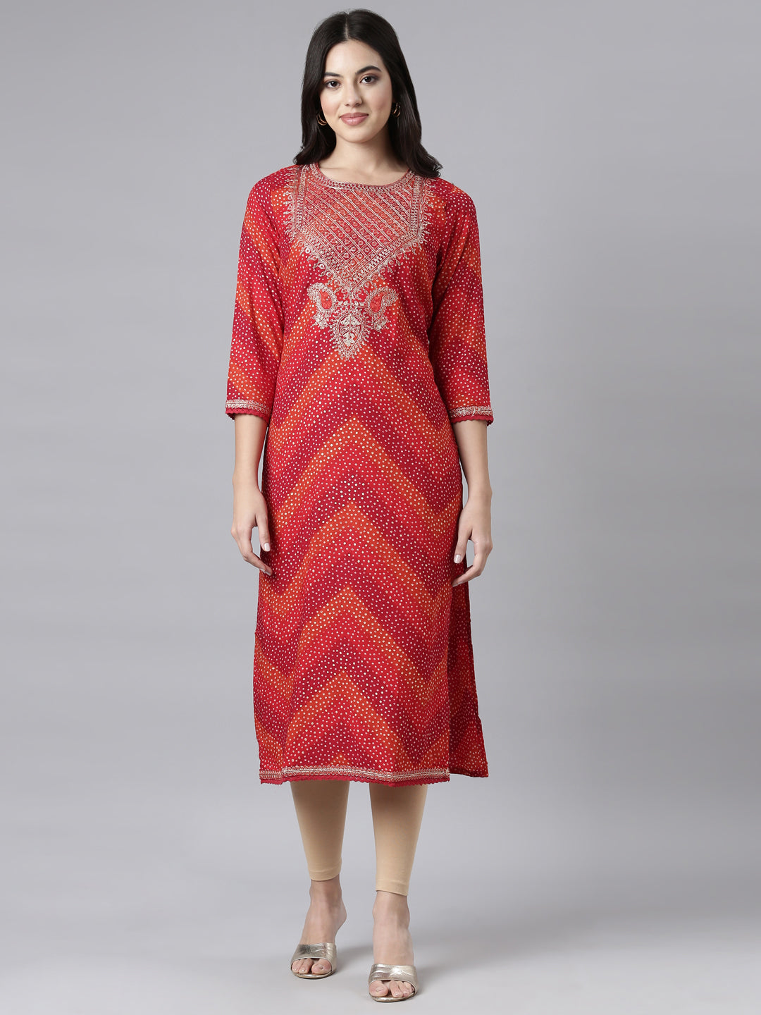 Neerus Red Regular Straight Bandhani Kurtas