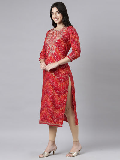 Neerus Red Regular Straight Bandhani Kurtas