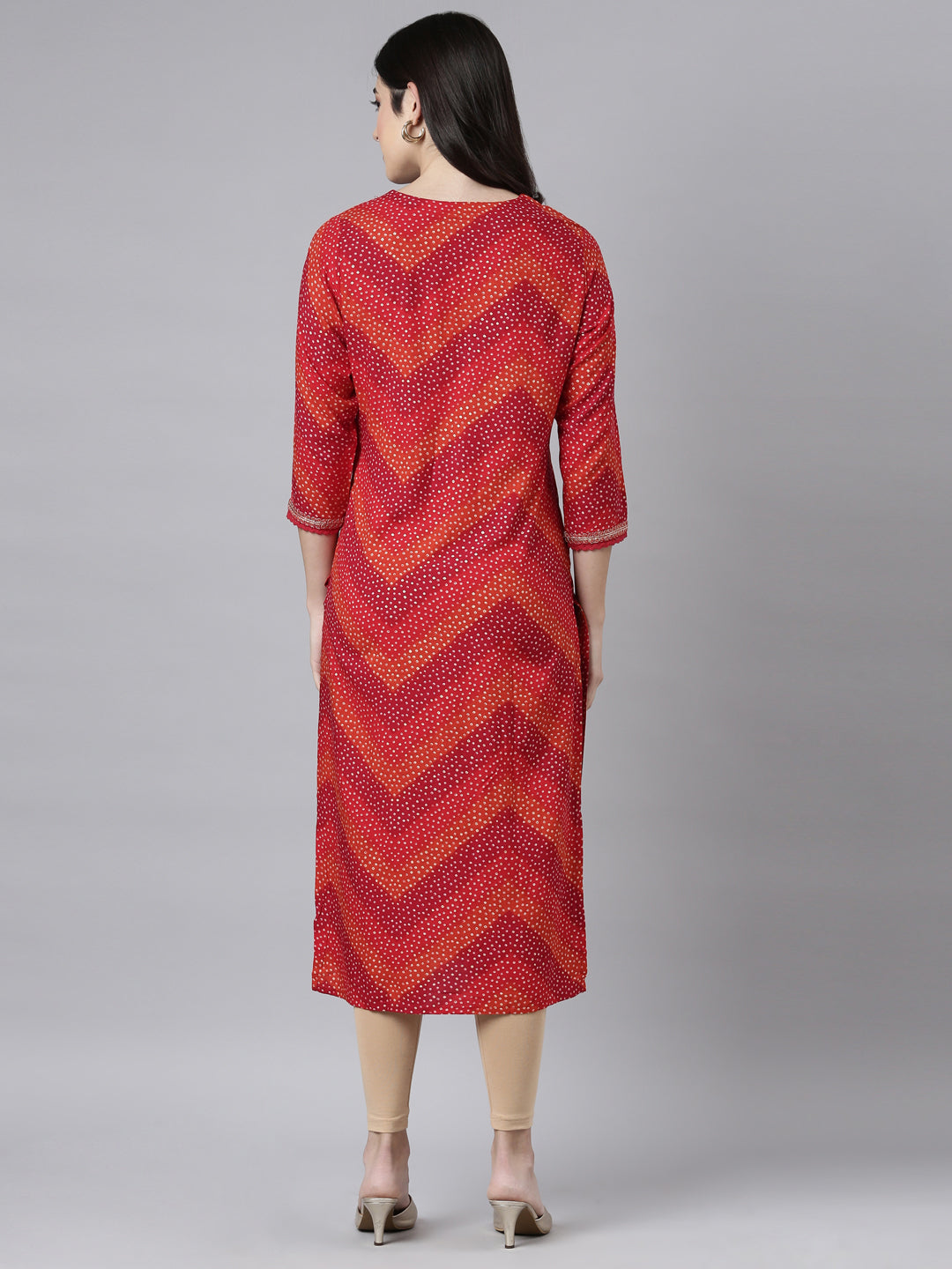 Neerus Red Regular Straight Bandhani Kurtas