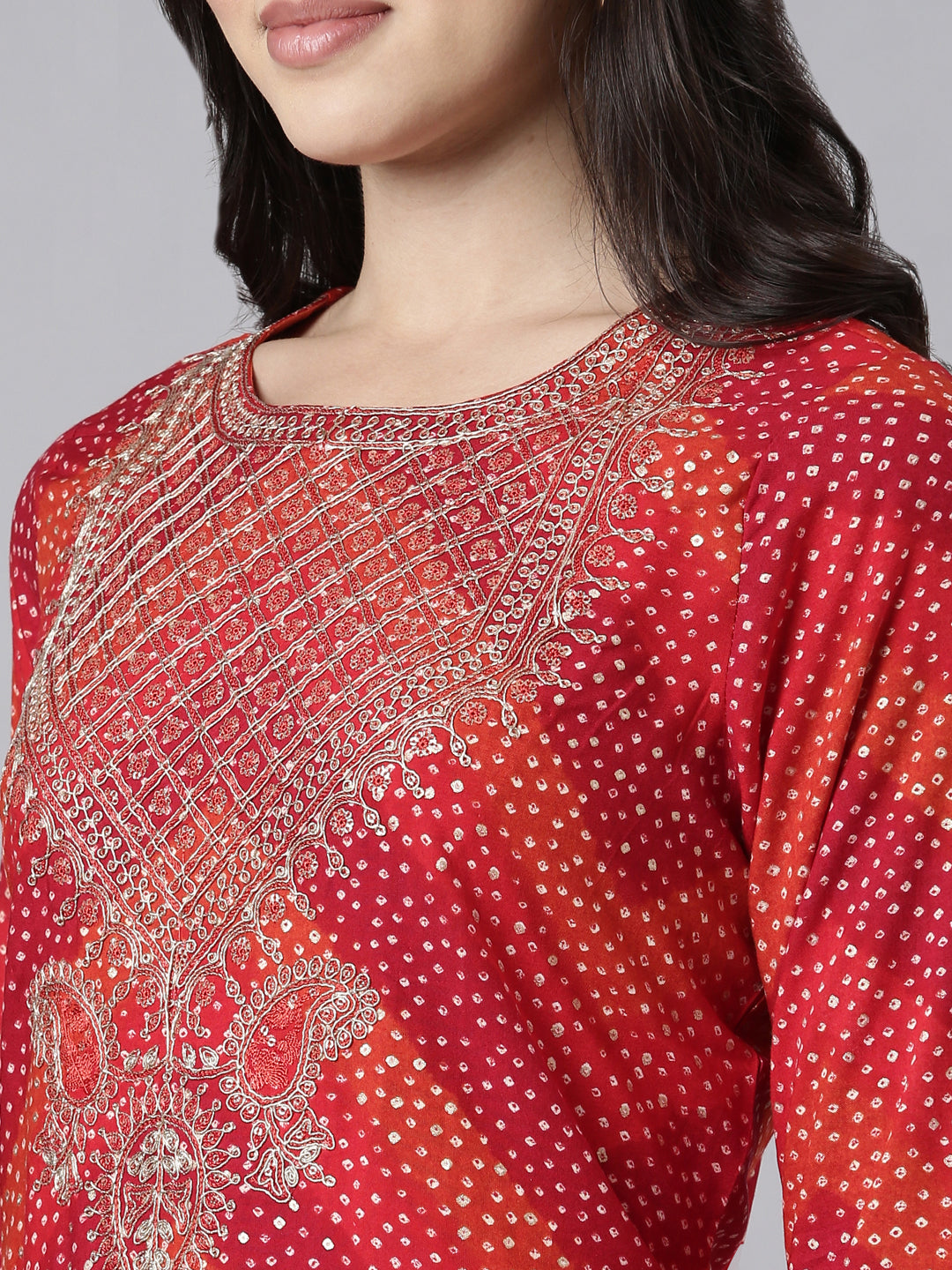 Neerus Red Regular Straight Bandhani Kurtas